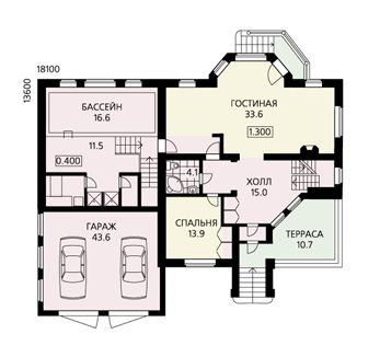 Проект классического дома с эркером, гаражом на два автомобиля, бильярдной, бассейном на первом этаже / План 1 этажа