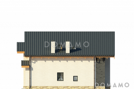 Проект загородного дома с косой крышей, открытой террасой, двумя балконами, панорамными окнами / Фасад 1