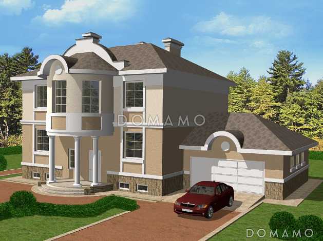 Проект двухэтажного дома из кирпича с полукруглым эркером