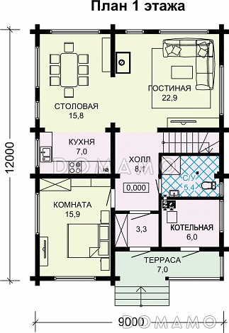 Проект дома из бруса с 4 спальнями и кабинетом с балконом / План 1 этажа