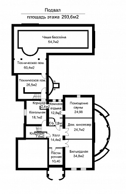 Проект двухэтажного дома с пристроенным бассейном / План цокольного этажа