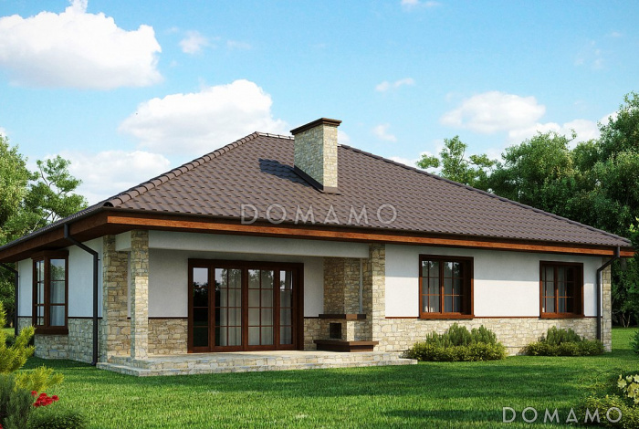 Проект загородного дома с тремя спальнями, кладовой с кухней, просторной гостиной