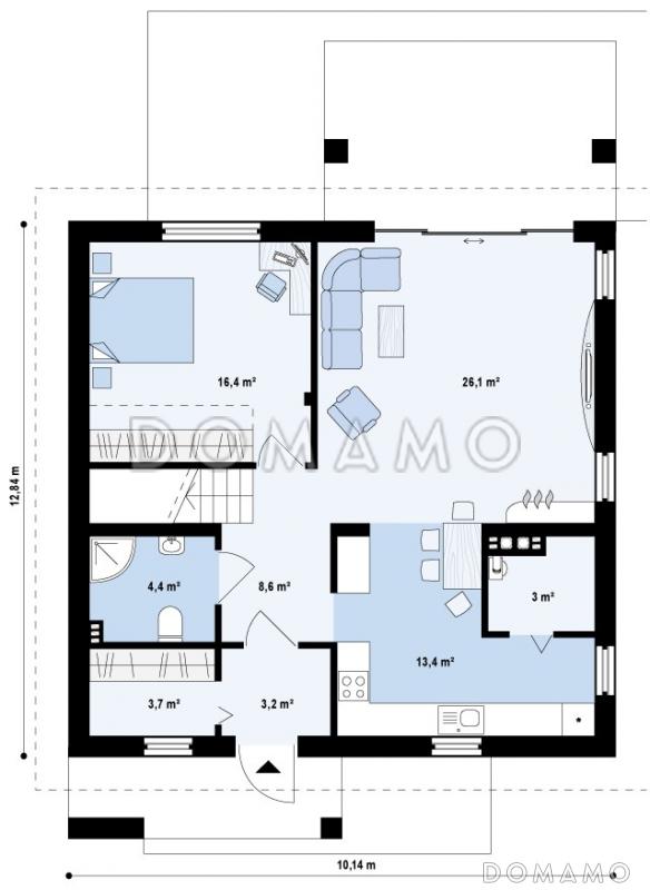 Проект одноэтажного мансардного дома из кирпича с гостевой комнатой на первом этаже и балконом над террасой / План 1 этажа