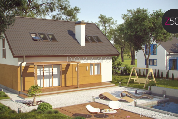 Проект одноэтажного мансардного дома из газобетона с большим техническим помещением и тремя спальнями