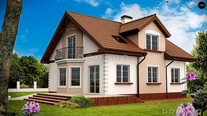 Проект комфортного дома с эркером в гостиной, кабинетом, балконом  в комнате на мансарде