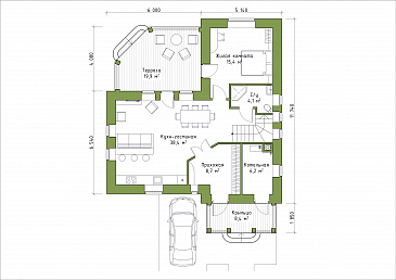 Проект углового коттеджа с большой террасой / План 1 этажа