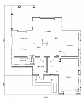 Проект красивого двухэтажного дома по технологии ЛСТК c большим гаражом и террасой / План 1 этажа