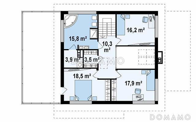 Проект простого комфортного двухэтажного дома из газобетона с тремя спальнями, вторым светом, большим гаражом и террасой над ним / План 2 этажа