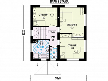 Проект загородного дома с крышей Судейкина, с отдельным входом в котельную,  спальней на первом этаже, ванной и санузлом на втором этаже / План 2 этажа