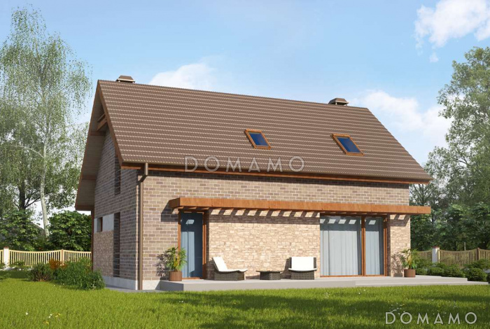 Проект одноэтажного мансардного дома из кирпича c отделкой фасадов облицовочным кирпичом с кабинетом и тремя спальнями