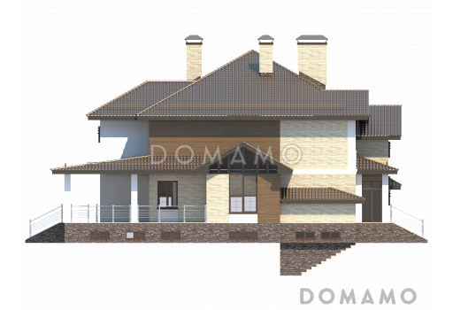 Проект особняка в трех уровнях, с комнатой отдыха на чердаке, с мастерской, гаражом и навесом под автомобиль / Фасад 1