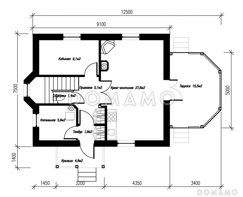 Проект экономичного коттеджа с террасой. / План 1 этажа