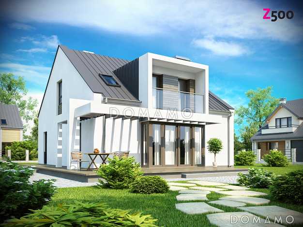 Проект просторного современного одноэтажного дома из кирпича  с мансардой, с двумя балконами в кровле и встроенным гаражом