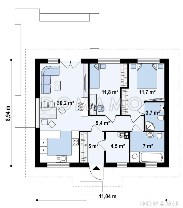 Проект простого компактного одноэтажного дома из газобетона с открытой террасой  / План 1 этажа