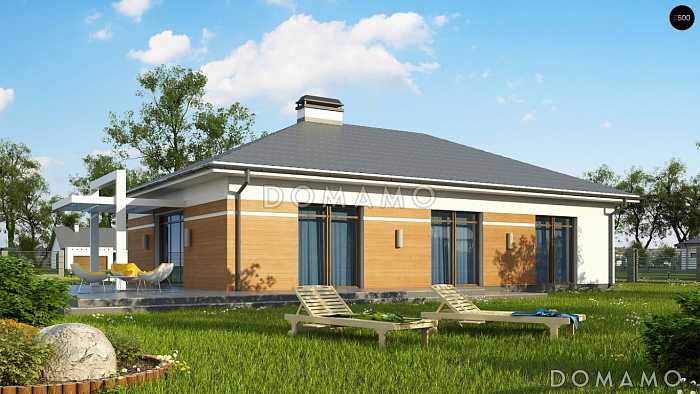 Проект углового одноэтажного дома из кирпича с облицовкой классических фасадов деревянной вагонкой и с гаражом на два автомобиля