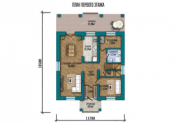 Проект двухэтажного дома с застекленной террасой и 5 спальнями / План 1 этажа