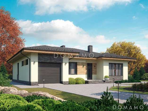 Проект одноэтажного дома из кирпича с гаражом, террасой, детскими комнатами