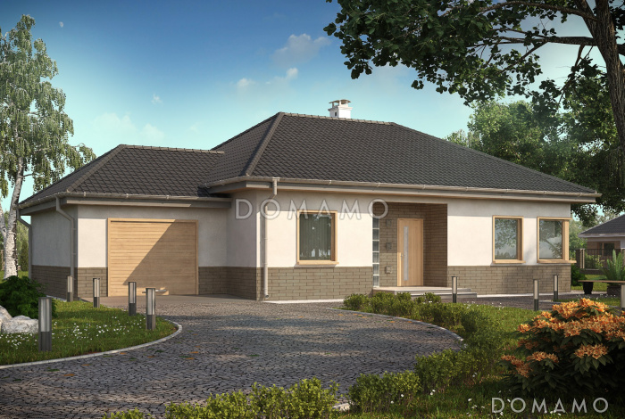 Проект одноэтажного дома из газобетона с тремя спальнями, угловым окном в кухне и гаражом