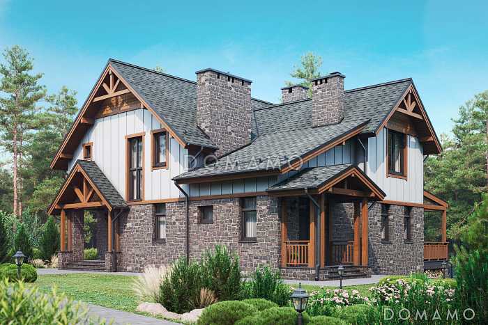 Проект дома в деревенском стиле с 5 спальнями, сауной и верандой с панорамными окнами