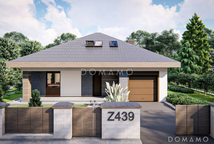 Проект загородного дома с мансардой, гаражом на одну машину, кладовой под лестницей