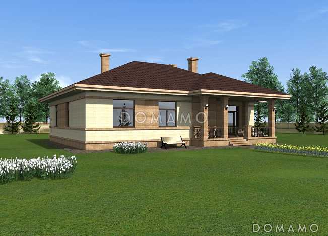 Одноэтажный дом из крупноформатного кирпича с тремя спальнями, большой кухней-гостиной и сауной