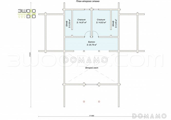 1668 - дом из клееного бруса с большой гостиной и 4 спальнями / План 2 этажа