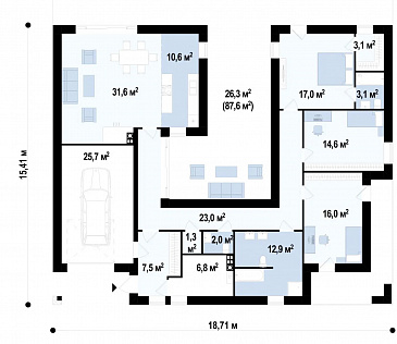 Проект современного одноэтажного дома из кирпича с тремя спальнями, гаражом и внутренним двориком переходящим в открытую террасу / План 1 этажа