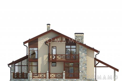 Проект дома с большой открытой террасой, навесом на одну машину, вторым светом, террасой и балконом на мансардном этаже / Фасад 1