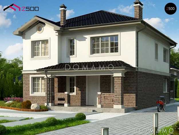 Проект двухэтажного дома с большой гостиной, террасой, кладовой в кухне