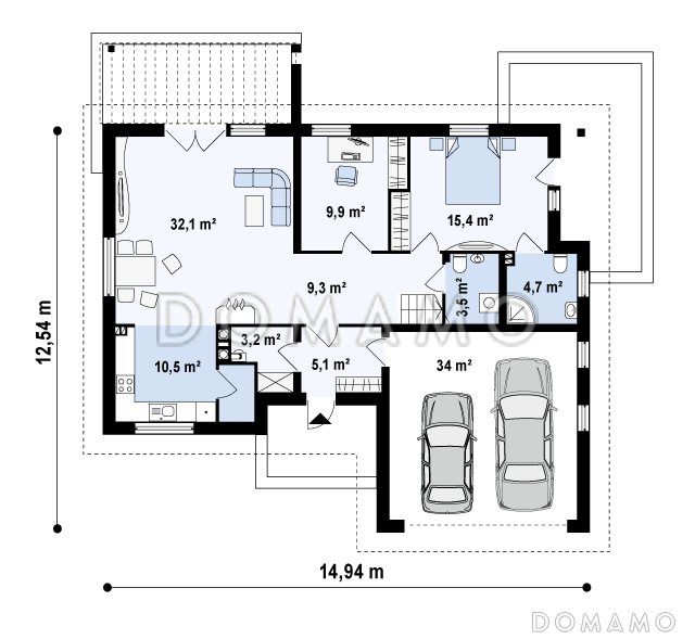 Проект одноэтажного мансардного дома из кирпича с гостевой спальней и кабинетом на первом этаже и встроенным гаражом / План 1 этажа