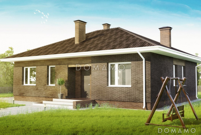 Проект компактного одноэтажного дома с террасой, с комбинированной отделкой