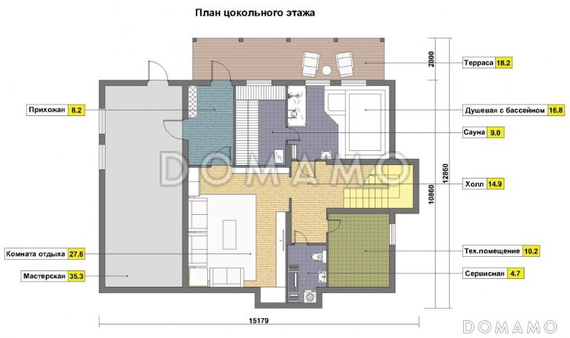 Проект дома из газобетона с цокольным этажом и небольшим бассейном / План цокольного этажа