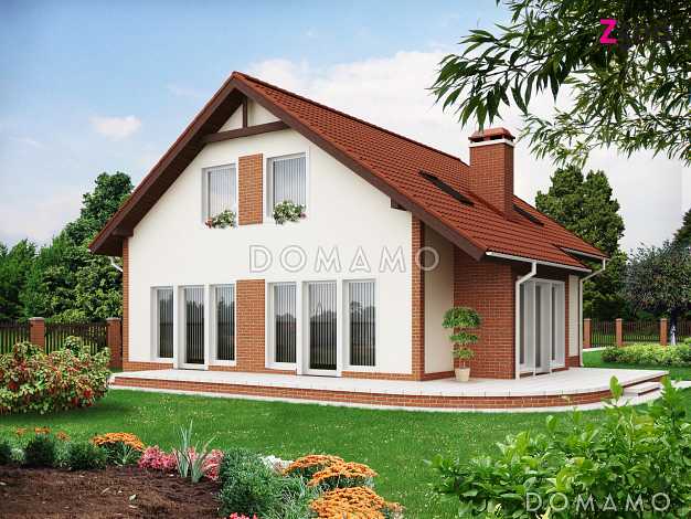 Проект одноэтажного мансардного дома из кирпича с эркером и большой площадью остекления в гостиной