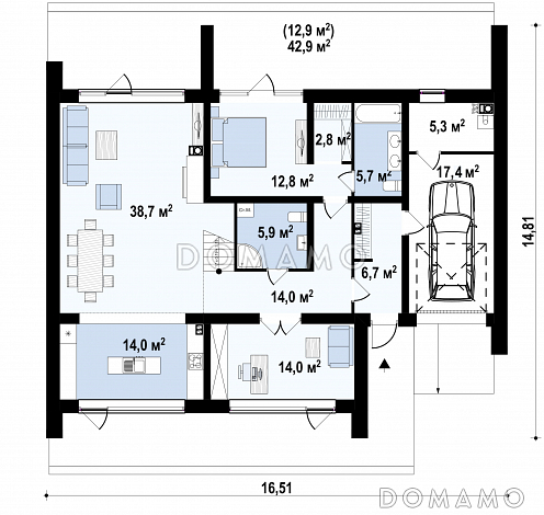 Проект современного одноэтажного мансардного дома с двухскатной крышей из кирпича с четырьмя комнатами и гаражом / План 1 этажа