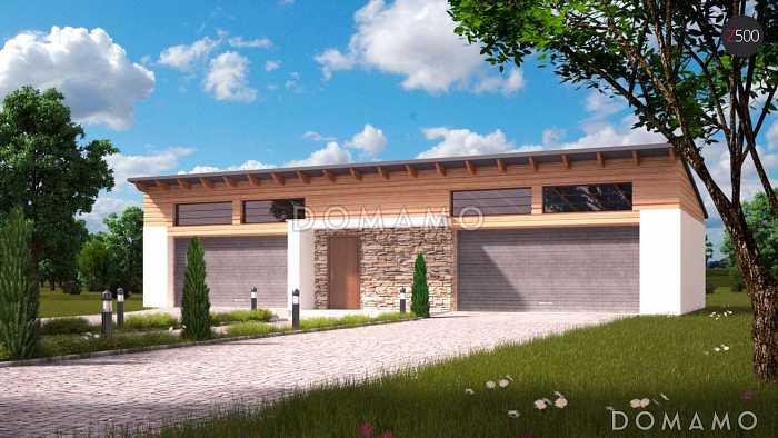 Проект большого гаража из кирпича для четырёх автомобилей с подсобными помещениями 