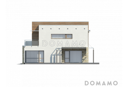 Проект современного двухэтажного дома в стиле хай-тек из газобетона с плоской крышей, гаражом и балконом / Фасад 4