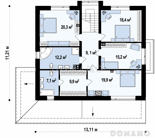 Проект современного двухэтажного дома из газобетона с четырьмя спальнями, сауной и большим гаражом / План 2 этажа