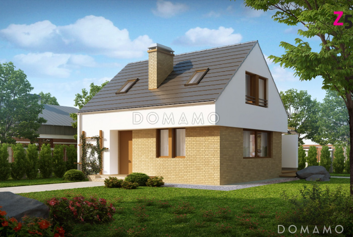 Проект одноэтажного мансардного дома из кирпича с большой площадью остекления в гостиной