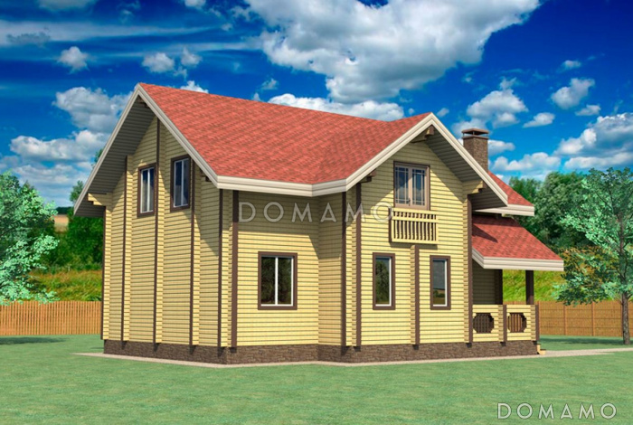 Проект дома с небольшой террасой и гостиной, которая объединена с кухней