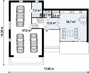 Проект современного двухэтажного дома из газобетона с плоской крышей, с двумя спальнями и подземным гаражом / План 1 этажа