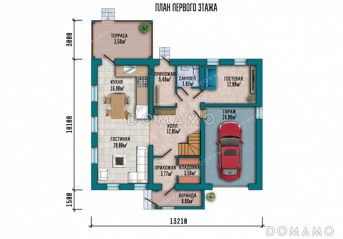 Проект дома с 4 спальнями на мансарде, гаражом и навесом для автомобиля / План 1 этажа