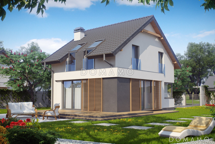 Проект компактного одноэтажного мансардного дома из кирпича с просторной светлой гостиной