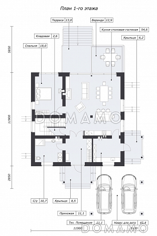 Шале с двумя спальнями, просторной дневной зоной со вторым светом и навесом для двух машин / План 1 этажа