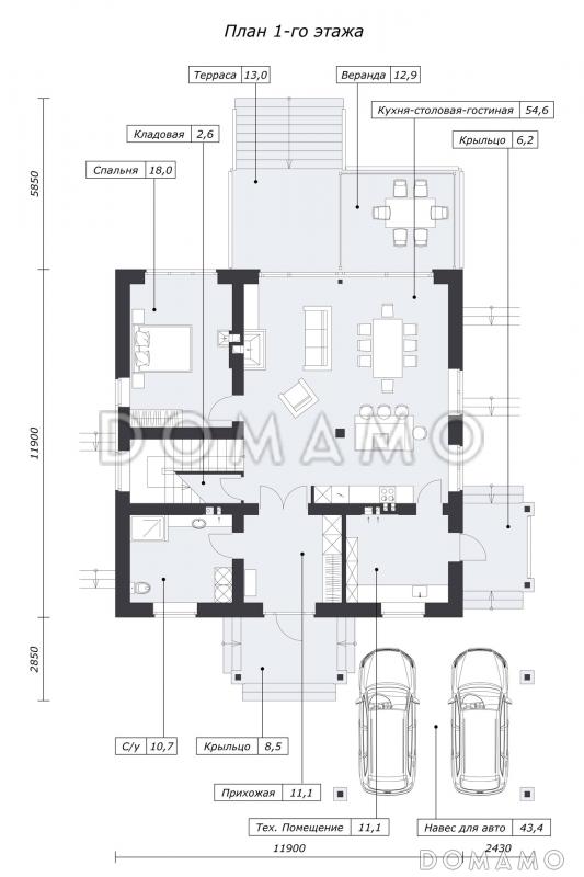 Шале с двумя спальнями, просторной дневной зоной со вторым светом и навесом для двух машин / План 1 этажа