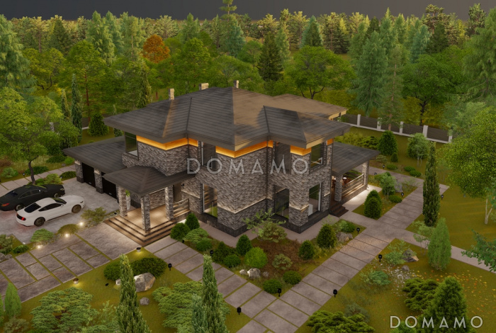 Проект двухэтажного дома из газобетона с 4 спальнями, кабинетом и крытой террасой