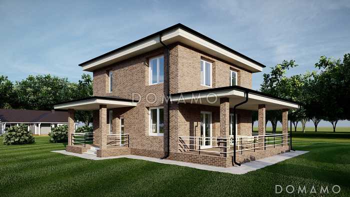 Проект двухэтажного дома с четырьмя спальнями и большой крытой террасой