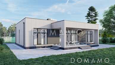 Проект одноэтажного каркасного дома в стиле хай-тек с двумя спальнями, кабинетом и крытой террасой