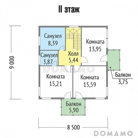 Проект современного дома из клееного бруса с двумя небольшими балконами на втором этаже / План 2 этажа