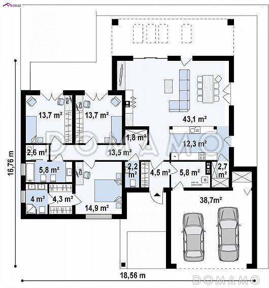 Проект одноэтажного просторного дома из кирпича с отрытой террасой и гаражом для двух автомобилей / План 1 этажа