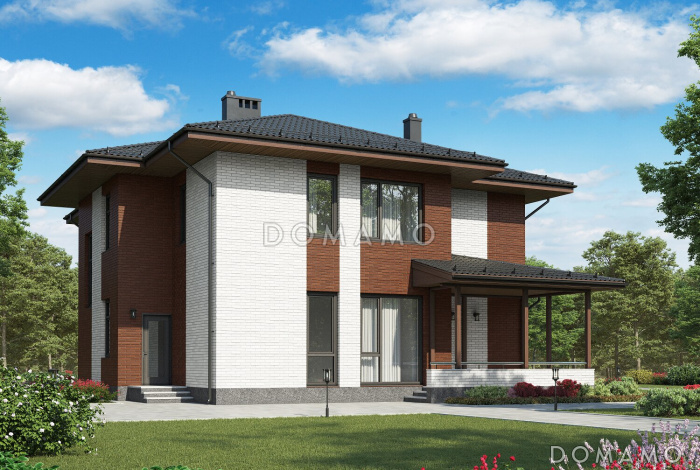 Проект дома из газобетона с гардеробной, хоз. комнатой, террасой, кабинетом